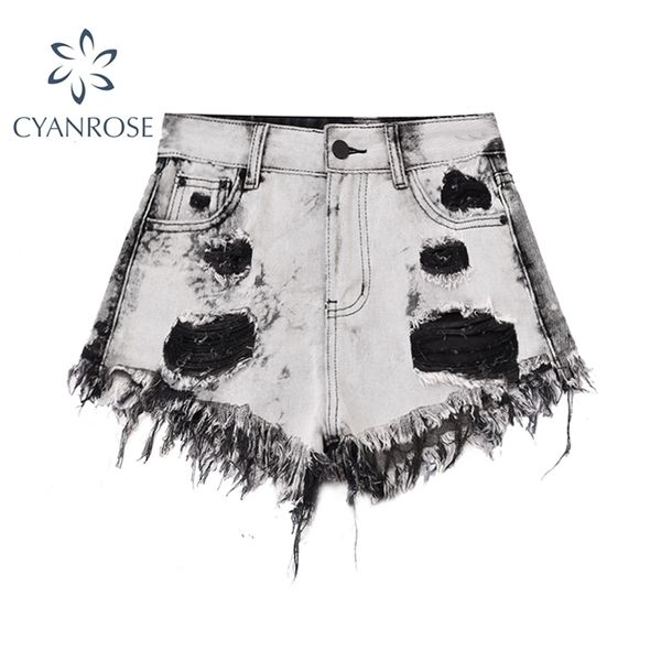 Frauen Hohe Taille Denim Shorts Ripped Hollow Out Loch Streetwear Schwarz Jean Mode Sommer Bettler Weiblich 210515