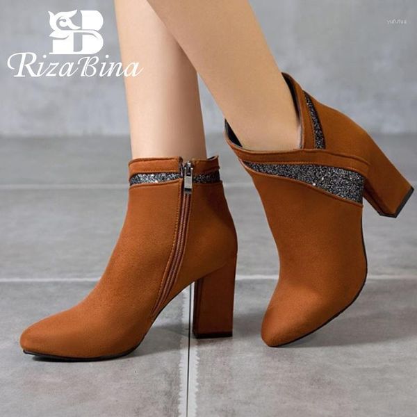 

boots rizabina size 32-43 women ankle round toe thick high heel zipper flock bling shoes outdoor female footwear winter1 gi8i, Black