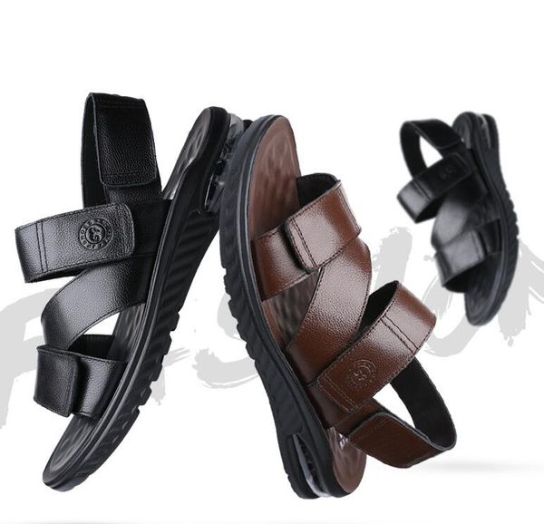 

quality summer new mens outdoor leather sandals men soft sole style trendy beach shoes, Black
