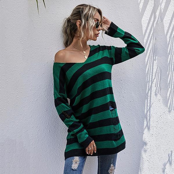 

women's sweaters amazon express cross border long sleeve hollow stripe knitted sweater autumn and winter 2021, White;black