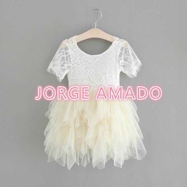 Verão menina vestido cílios de volta fino lace top liso saia tule gaze princesa crianças roupas e15180 210610