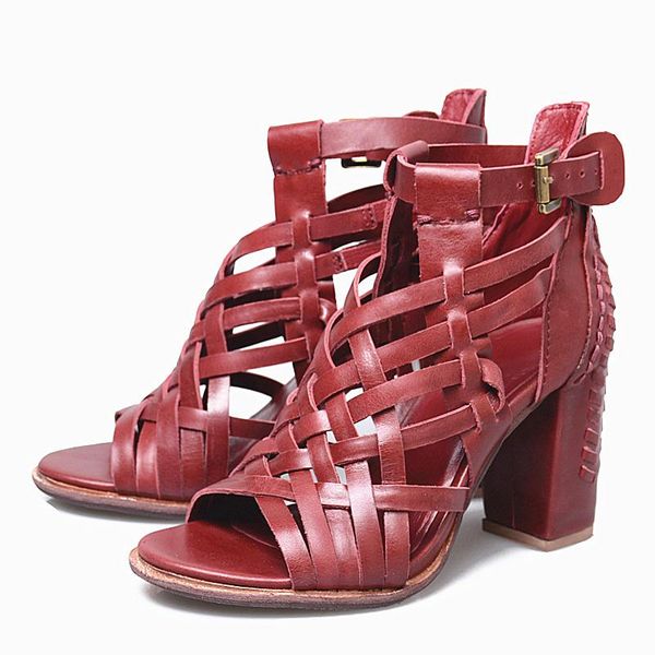 

sandals fashion weave hollow out women 8cm chunky high heel shoes woman peep toe genuine leather gladiator sandal pumps, Black