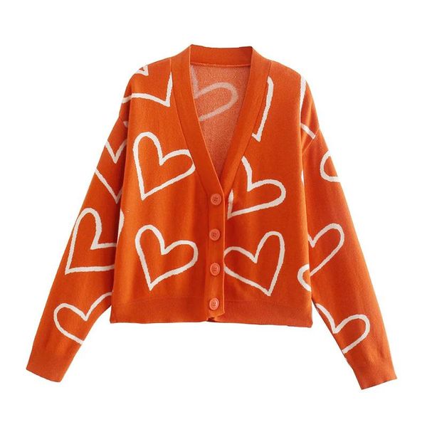 

women's knits & tees spring autumn orange knit cardigans for women 2021 love heart shape sweet casual loose sweater long sleeve fashion, White