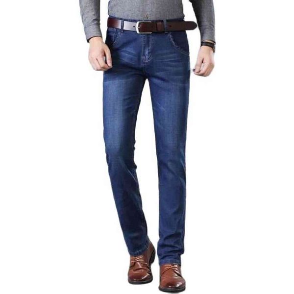 

spring thin jeans men soft elastic straight casual pants male plus size denim trousers summer, Blue