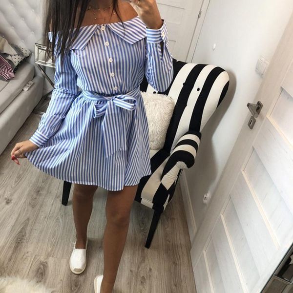

casual loose striped women beach dress summer 2021 elegant long sleeve slash neck party mini shirt dresses, Black;gray