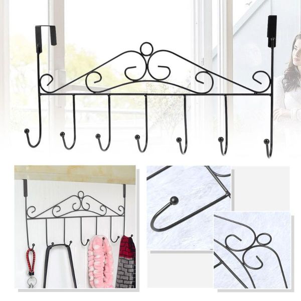 

hooks & rails 7 bathroom over door hanger for towel coat clothes hat bag hanging iron art (black)