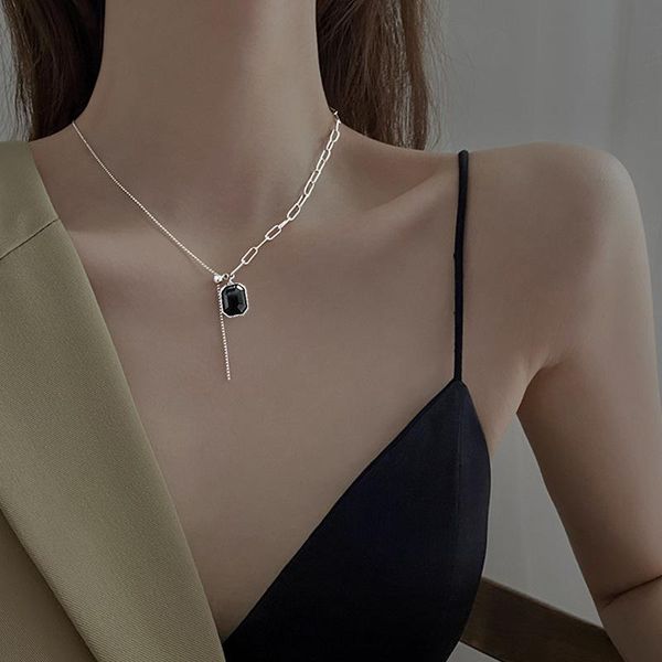 

pendant necklaces fashion black square brand necklace female clavicle chain for women chains crystal cn(origin), Silver