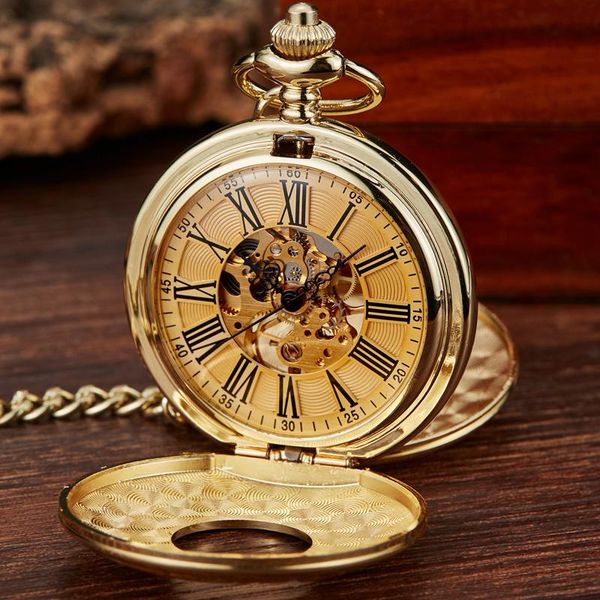 

pocket watches vintage 2 sides open case hanical men's watch double face roman dial clo hand wind poet with fob chain gift, Slivery;golden
