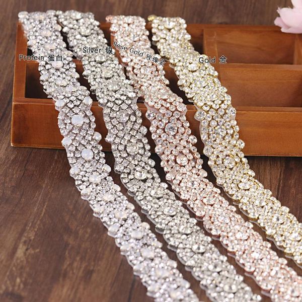 

wedding sashes ueen s28b luxury silver/gold /rose gold bridal crystal trim handmade opal rhinestone applique dress belts patch, White