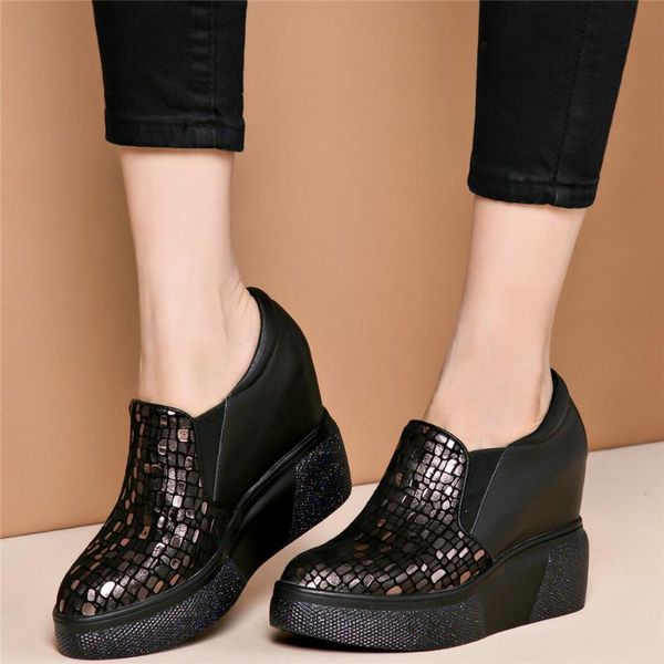 

fashion sneakers women genuine leather wedges high heel ankle boots female round toe chunky platform pumps shoes casual, Black