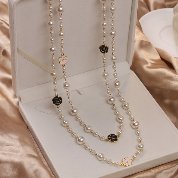 Роскошная камелия, многослойная длинная жемчужная брендовая конструкция, ожерелье с розовым цветком, свитер, цепочка, ожерелье для женщин