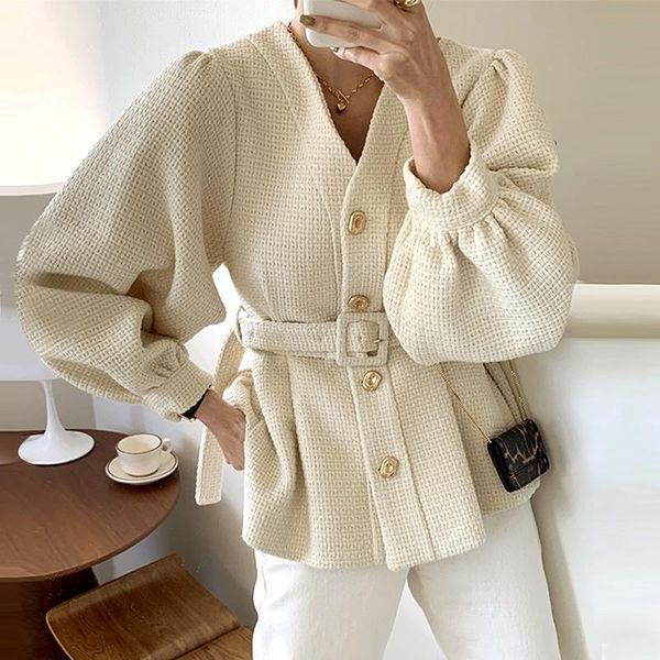 

[ewq] 2021 winter female v-neck single breasted minimalist loose beige cotton heavy tweed jacket cardigan coat with belt 8q551 women's, Black;brown