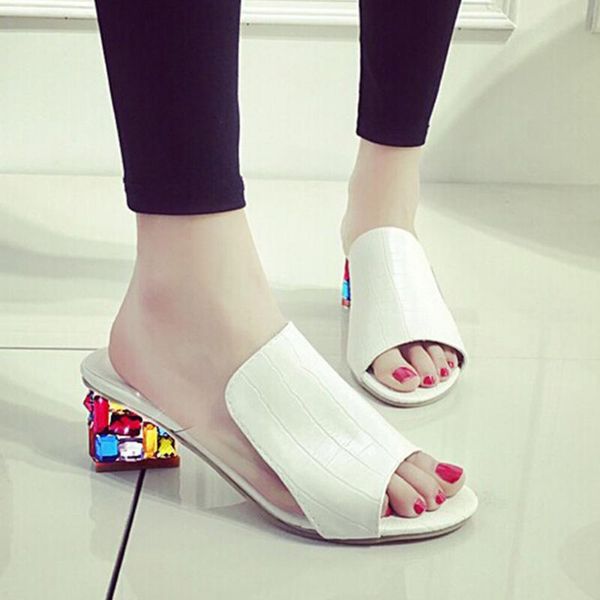 

summer women sandals pu leather shallow female rhinestone ladies shoes thick heel crystal sandalias plataforma, Black