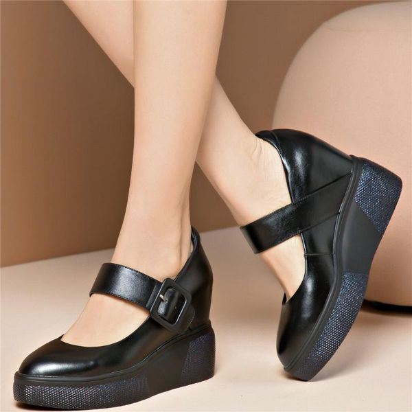 

dress shoes buckle platform mary jane women genuine leather chunky high heels pumps female round toe wedges oxfords casual, Black