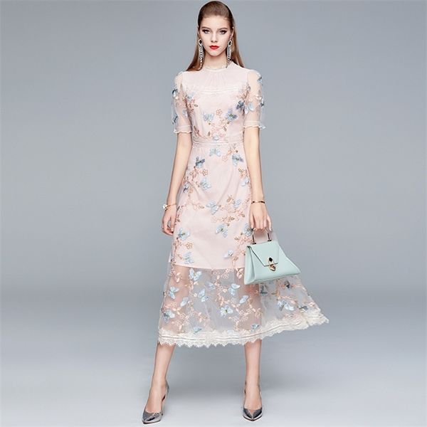 Fashion Designer Summer Mesh Midi Dress Donna Manica corta Farfalla Ricamo Vintage Abiti da festa eleganti 210520