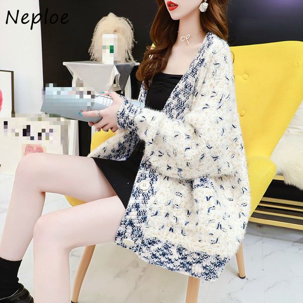 

knitted mujers women autumn korean fashion retro color matching long sleeve pockets cardigans sweaters 82337 210430, White