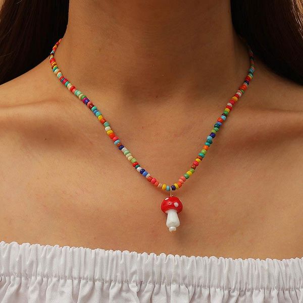 

pendant necklaces bohemian women's multicolor beads handmade for women boho fashion glass mushroom necklace ladies jewelry gift, Silver