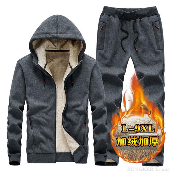 

men's tracksuits thickening sports suit winter plus size two piece set 9xl tracksuit men clothes sweatpants and hoodie, Gray