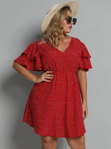 

plus size dresses 2021 fashion summer dress woman v neck flare sleeve polka dot print casual red high waist big short mini, Black