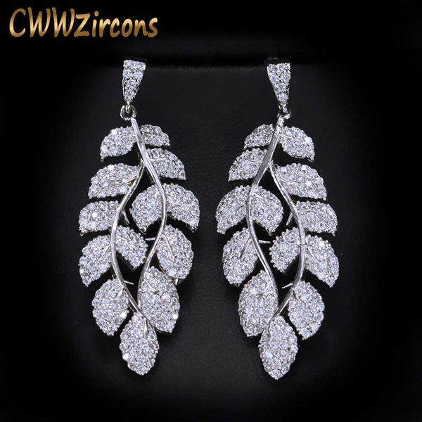 

brand miro pave cz cubic zirconia stones leaf shape long dangle drop earring for women cz218 210714, Silver