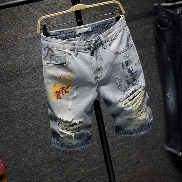 

men's jeans streetwear summer light blue denim shorts men hole ripped knee length straight fashion printing casual mens short trousers