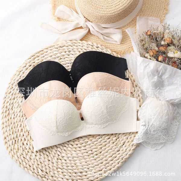 

aimo strapless small chest invisible underwear for women gather together non slip girl lace bra, Red;black