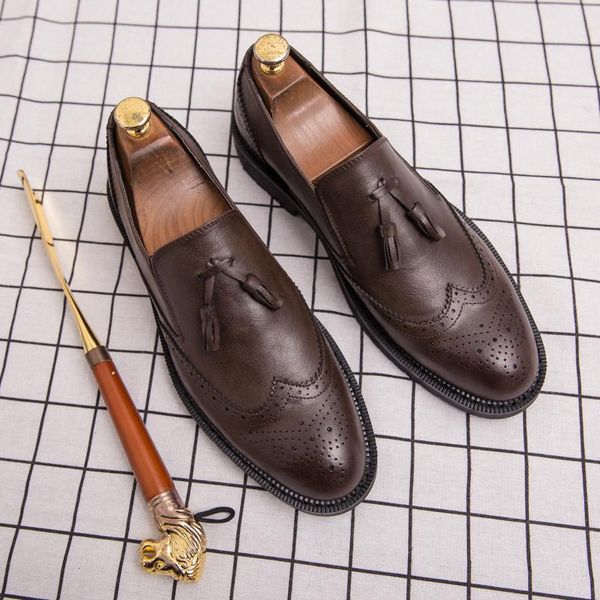 

dress shoes cimim brand tassel mens casual big size business formal men leather loafer brogue italy fashion office, Black