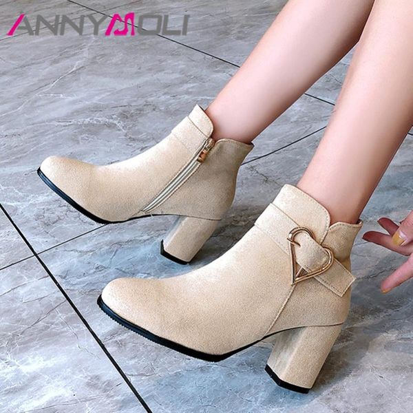 

boots annymoli high heel woman block ankle zip round toe short buckle female shoes autumn winter beige size 46, Black