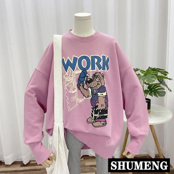 

women's hoodies & sweatshirts 2021 autumn round neck loose worn-out kawaii cartoon sweatshirt terry cotton hoodie teens leisure, Black