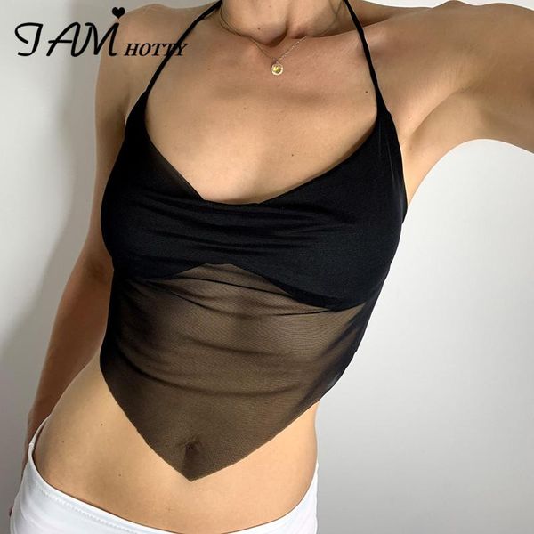 

women's tanks & camis see through mesh patchwork frill halter corset crop women black white solid color casual v-neck camisole club
