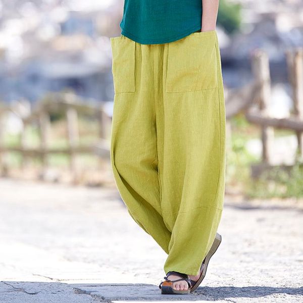 

women's pants & capris with pockets 2021 spring summer plus loose cotton linen trouser original retro soft solid wide leg, Black;white