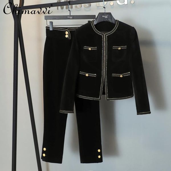 

women's two piece pants 2021 fall female western style fashion elegant tweed coat simple solid color casual office lady two-piece sets, White