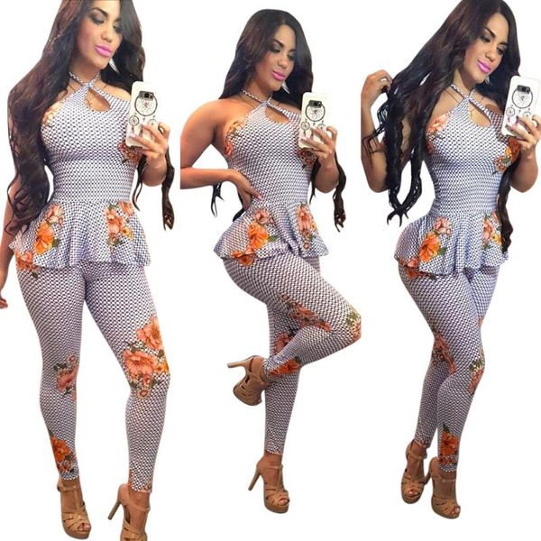 

two piece dress 2021 women plaid floral print halter neck sleeveless ruffles hem skinny pants suit 2pcs set active tracksuit outfit y179, White