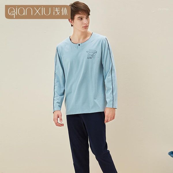 

men's sleepwear knitted cotton pajamas spring long sleeve suit, Black;brown