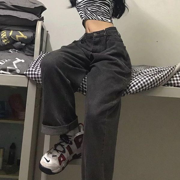 

vintage adjustable high waist women jean bf oversize wide leg trousers autumn ins all match streetwear straight retro korean chic, Blue