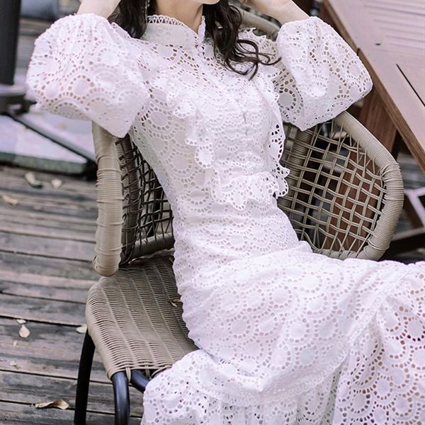 

casual dresses jsxdhk autumn white lace party dress luxury women stand collar ruffles embroidery hollow out slim waist long, Black;gray