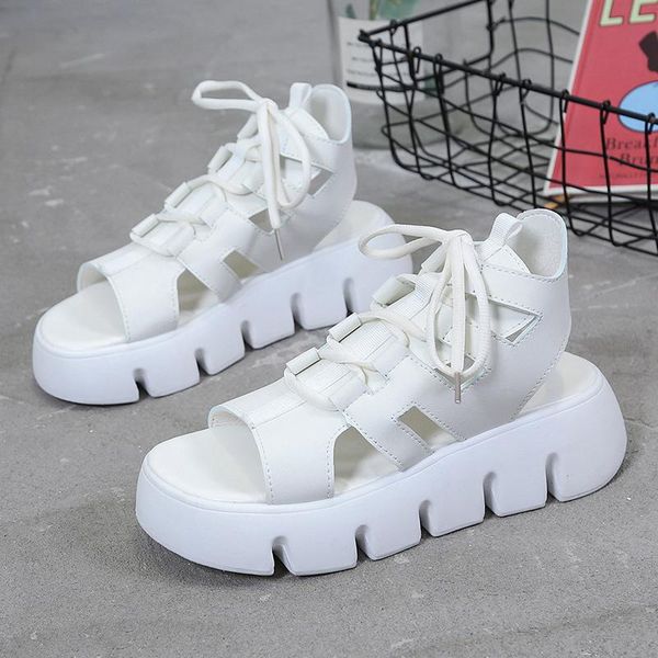 

sandals 2021 fashion lace-up women summer wedges thick bottom leisure shoes soft leather comfort platform, Black