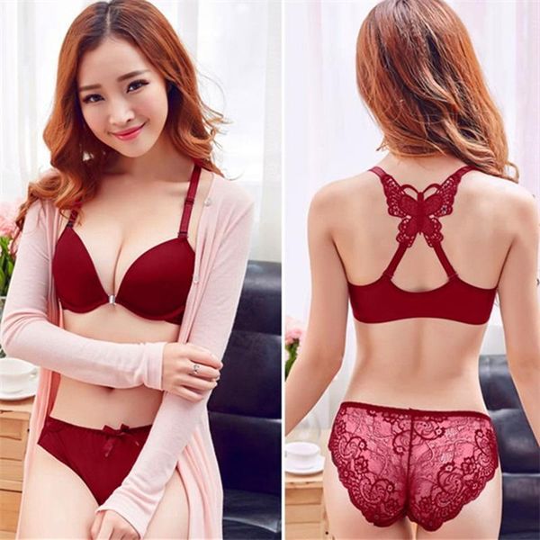 

bras sets mishi factory direct butterfly front buckle push up bra set thckeningbra underwear beautyback suit female wholesale, Red;black