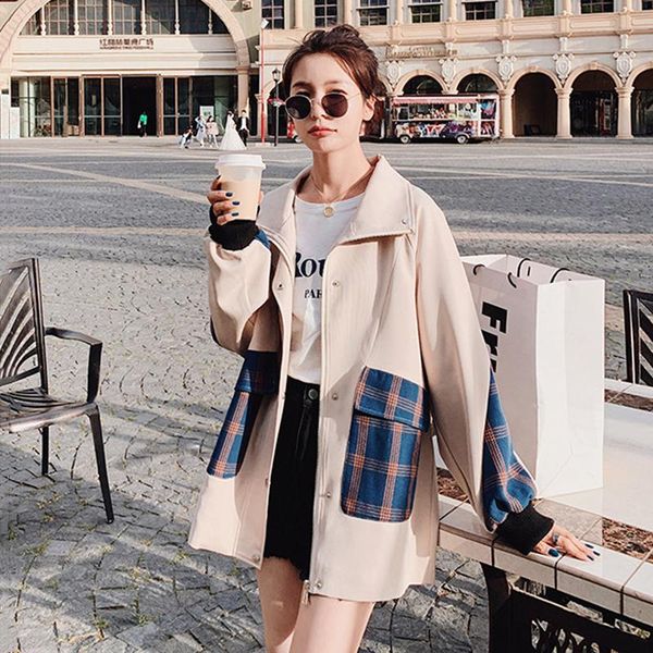 

women's trench coats [ewq] korea coat autumn 2021 laple loose lace up waist double breasted long sleeve plaid spliced windbreaker, Tan;black