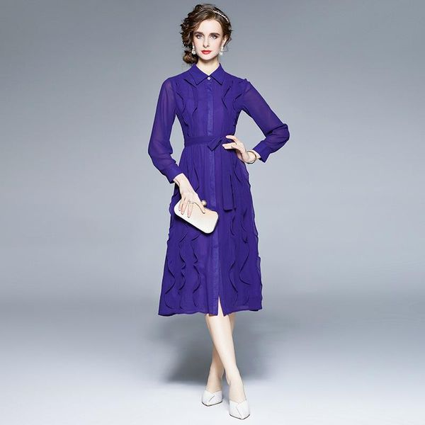 

casual dresses 2021 early autumn womens long-sleeved dress lapel chiffon blue ruffled stitching belted a-line elegant commuter mid-length sk, Black;gray
