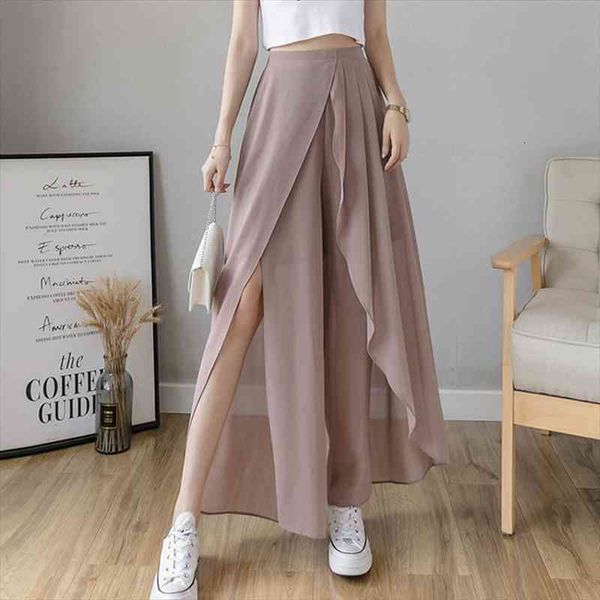 

korean fashion elegant split ruffle summer chiffon pants women wide leg pants high waist pleated trousers suits for women, Black;white