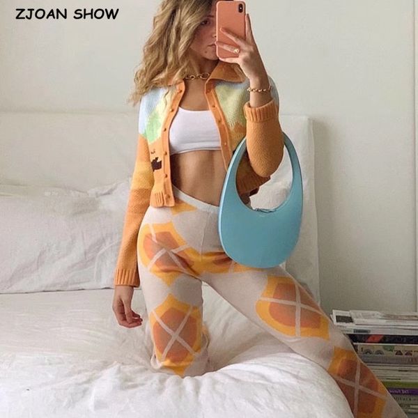 

vintage french geometric plaid knitting flare pants high waist package hips amber pattern long trousers 210319, Black;white