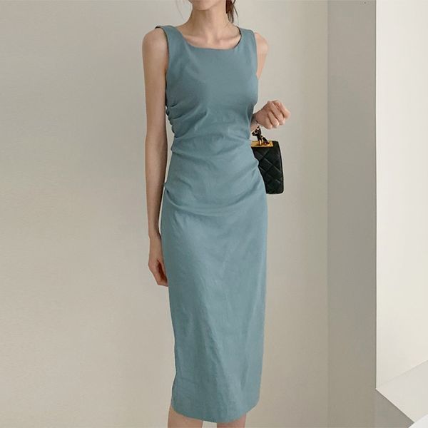 

casual dresses solid color dressed as office lady plain sleeveless upper waistband tight skirt elegant dress feminine line of spaghetti bltw, Black;gray