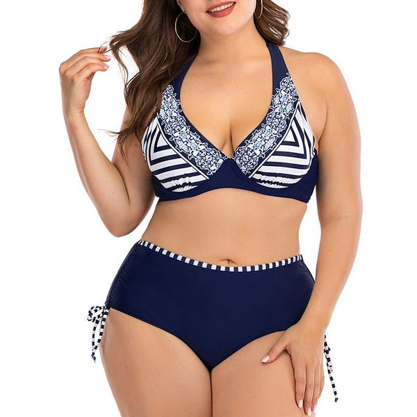 

women's swimwear plus size l- 4xl navy blue two pieces printed swimsuit high waist separate bikinis 2021 cover up trip, White;black