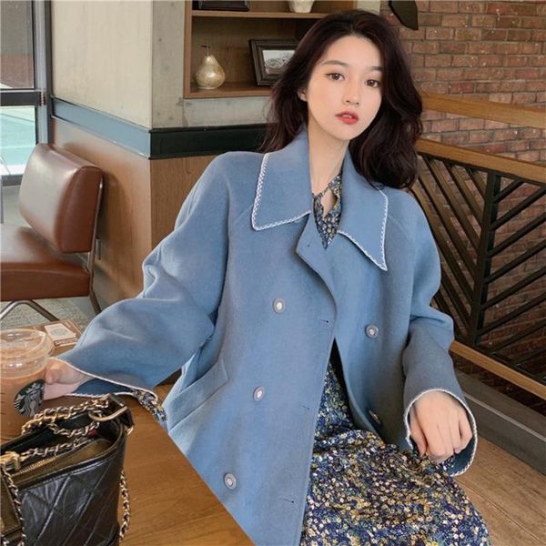 

women's wool & blends [ewq] korea chic women medium long woolen coat temperament double breasted sleeve female fashion 2021 16r272, Black