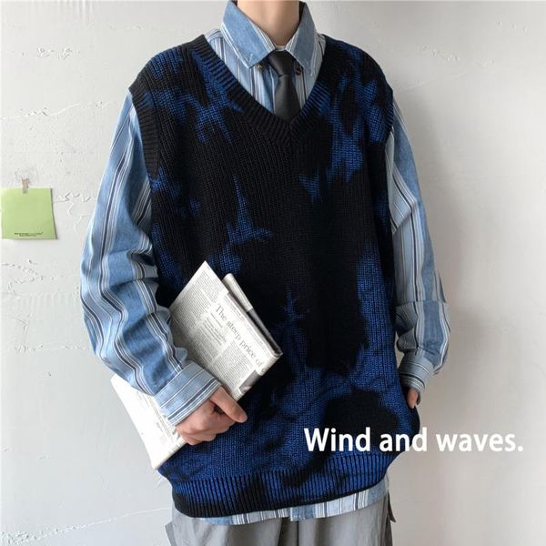 

men's vests large size men fashion retro casual knitted pullover loose tie-dye sleeveless sweater vest male, Black;white
