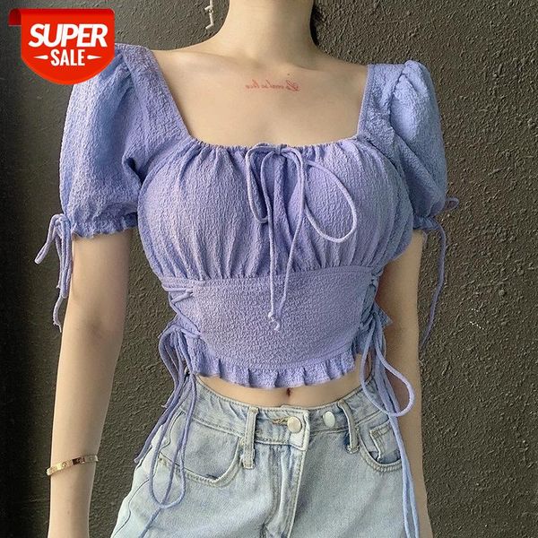 

Women's Summer Sexy Short Sleeve Shirt Top Ladies Fashion Solid Color Bow Square Collar Bandage Exposed Navel T-shirt #PG84, White