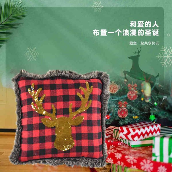 

christmas pillow red black lattice embroidered beads deer head sofa gift