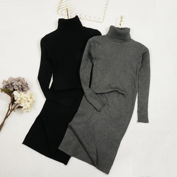 

fashion sweater dress for women slimturtleneck solid bodycon dresses ladies elegant long sleeve midi clothes casual, Black;gray