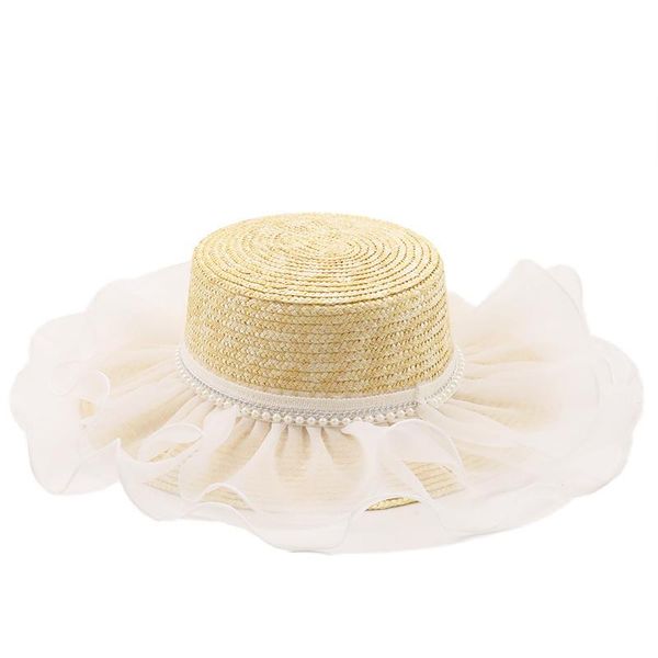 

wide brim hats straw hat of natural wheat feminine ribbon lace nine inch edge club beach sun lady summertime broad, Blue;gray